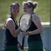 Huron #3 doubles partners Tiffany Chang and Hannah Gadawy celebrate winning a game against Saline on Saturday, April 27. Daniel Brenner I AnnArbor.com